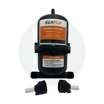Seaflo 0.75 litre water accumulator tank shown upright with supplied fittings for 12V water pump systems.