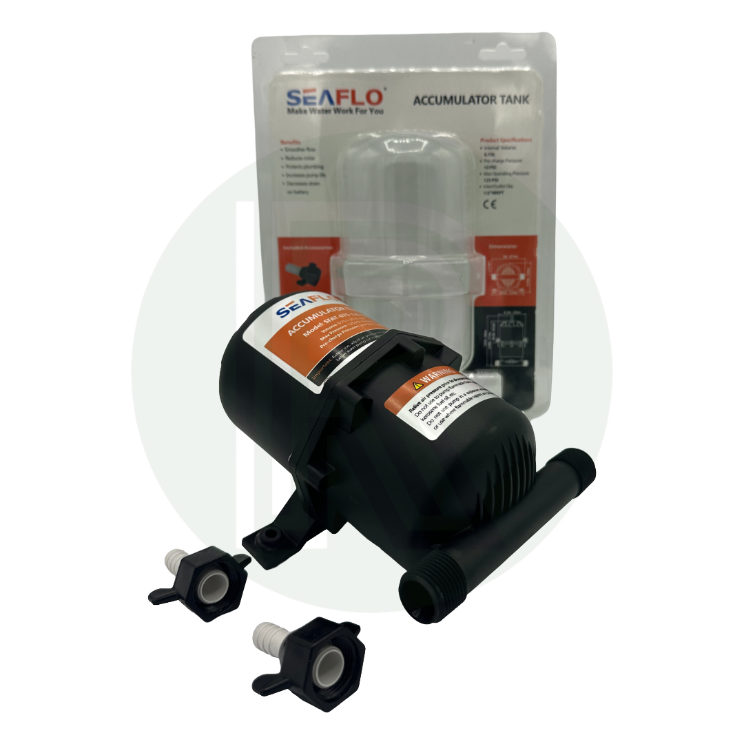Seaflo 0.75L water expansion accumulator tank with connection fittings and original retail packaging.