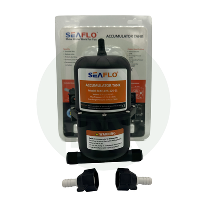 Seaflo 0.75 litre water accumulator tank shown upright with included fittings and retail packaging.