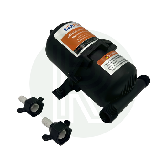 Seaflo 0.75L water expansion accumulator tank with fittings for caravan, campervan and motorhome water systems.