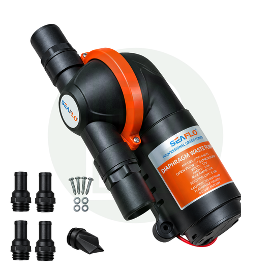 Seaflo 12V diaphragm waste water pump with supplied hose connectors and mounting fittings for motorhomes, caravans and campervans.