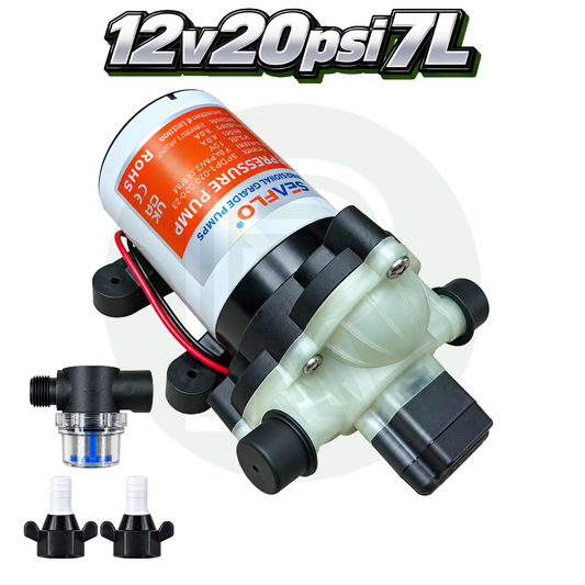 Seaflo Series 33 12V 20 PSI 7L per minute water pump with fittings for motorhomes, caravans and campervans.