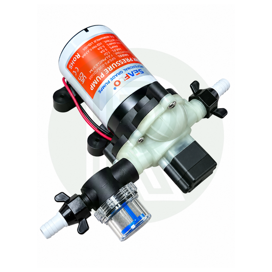 Seaflo Series 33 12V 20 PSI water pump showing translucent diaphragm housing, inlet strainer filter and connection fittings.