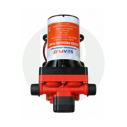 Seaflo Series 42 12V 55 PSI water pump shown upright with red diaphragm housing and black connection fittings.