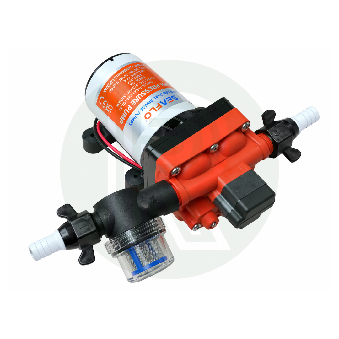 Seaflo Series 42 12V 15L water pump showing diaphragm pump housing, inlet and outlet connections.
