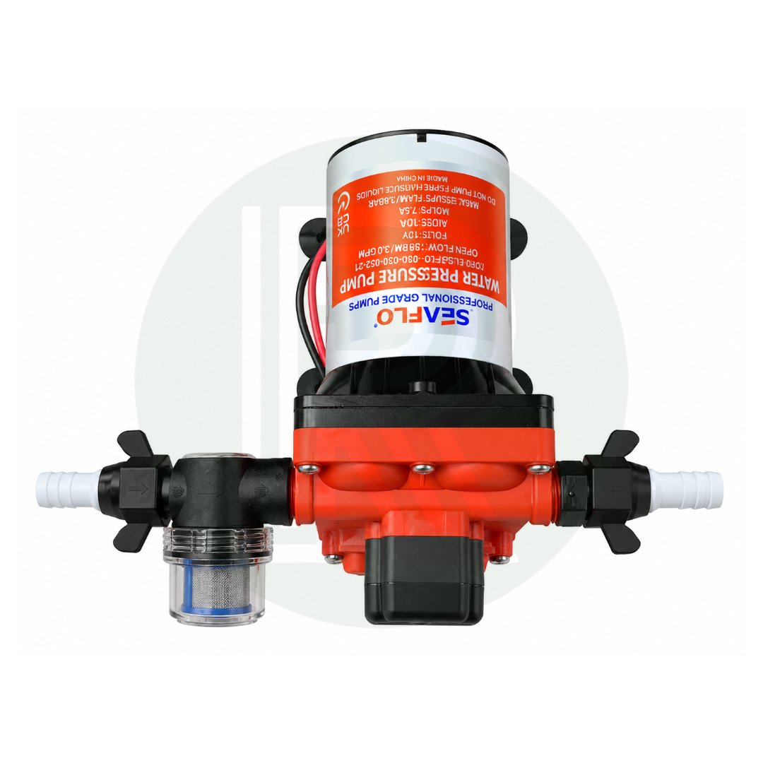 Seaflo Series 42 12V 55 PSI 15L water pump with supplied inlet strainer filter and connection fittings.