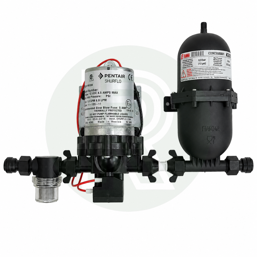 Shurflo Trail King 12V 30 PSI 10L water pump connected to Fiamma A20 accumulator