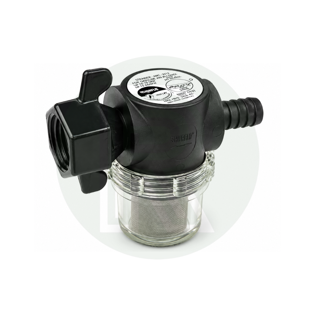 Shurflo Fiamma Seaflo caravan water pump strainer with barb inlet and swivel outlet