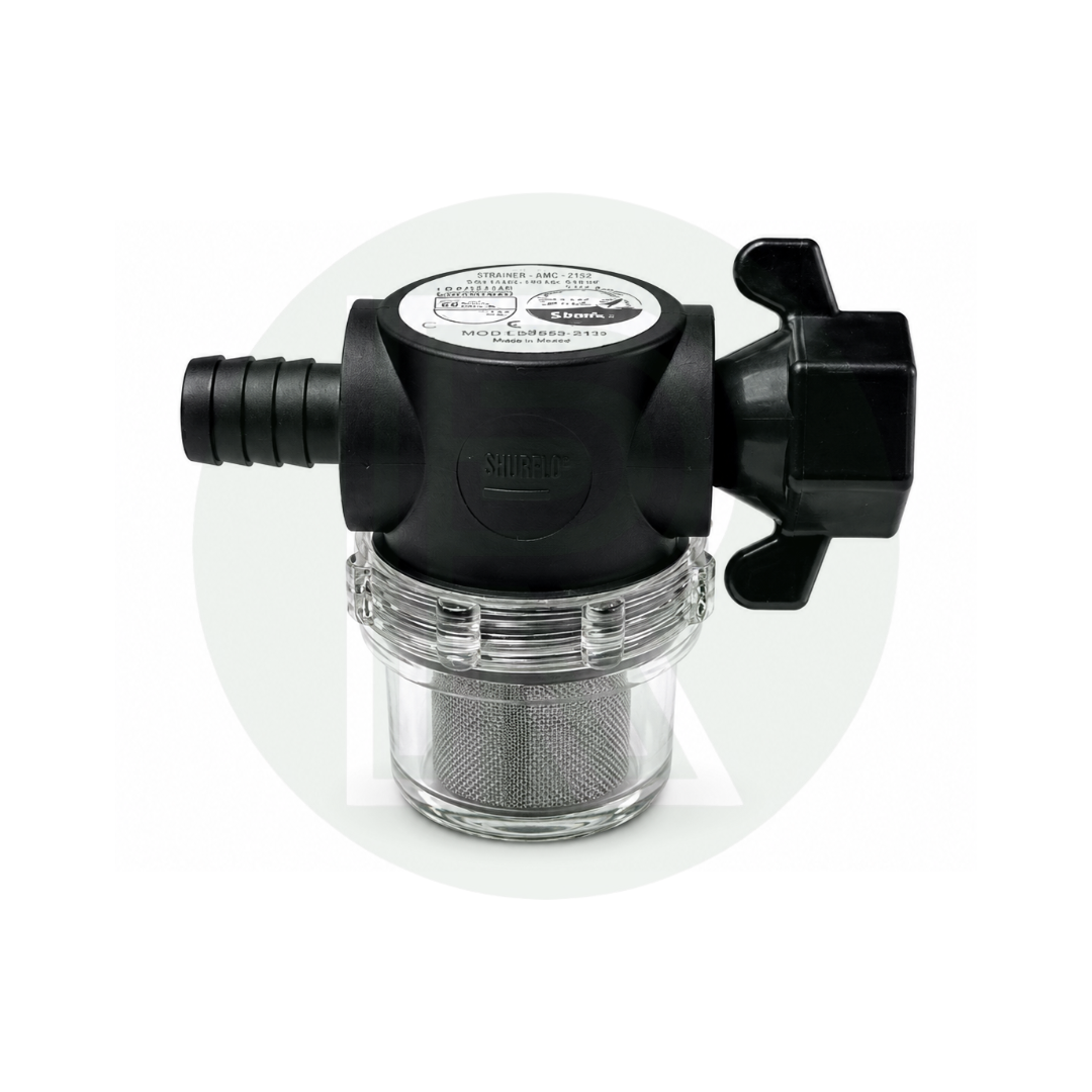 Shurflo Fiamma Seaflo pump filter strainer with 1/2 barb male inlet and 1/2 BSP swivel outlet