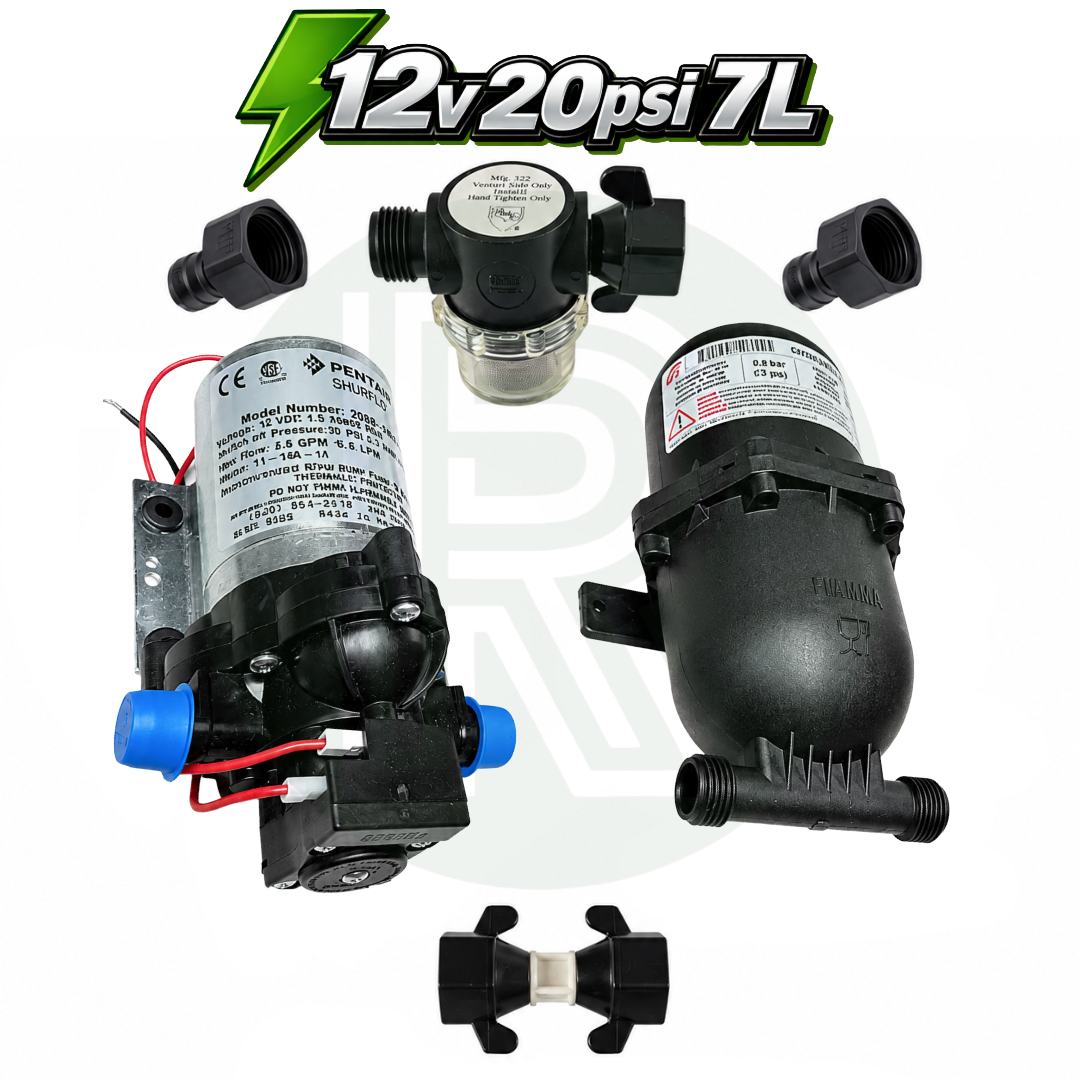 Shurflo Trail King 12V 20 PSI 7L water pump and Fiamma A20 accumulator kit with fittings