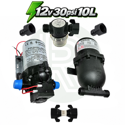 Shurflo Trail King 12V 30 PSI 10L water pump and Fiamma A20 accumulator kit with fittings