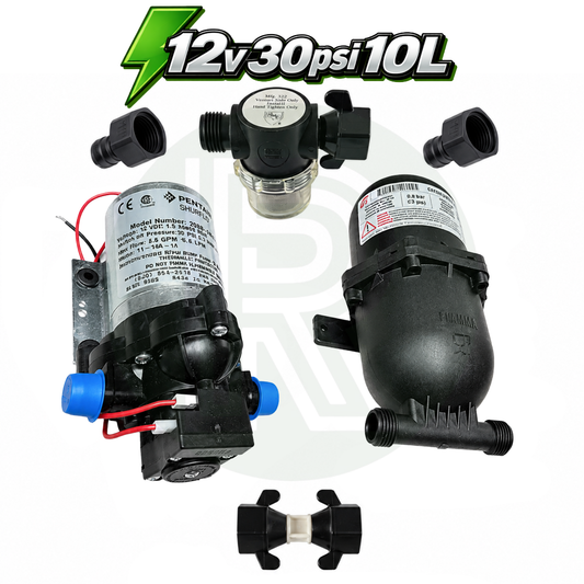 Shurflo Trail King 12V 30 PSI 10L water pump and Fiamma A20 accumulator kit with fittings