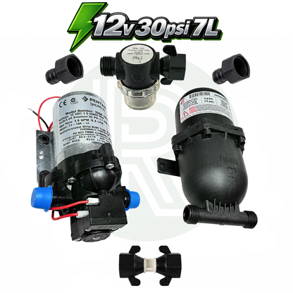 Shurflo Trail King 12V 30 PSI 7L water pump and Fiamma A20 accumulator kit with fittings