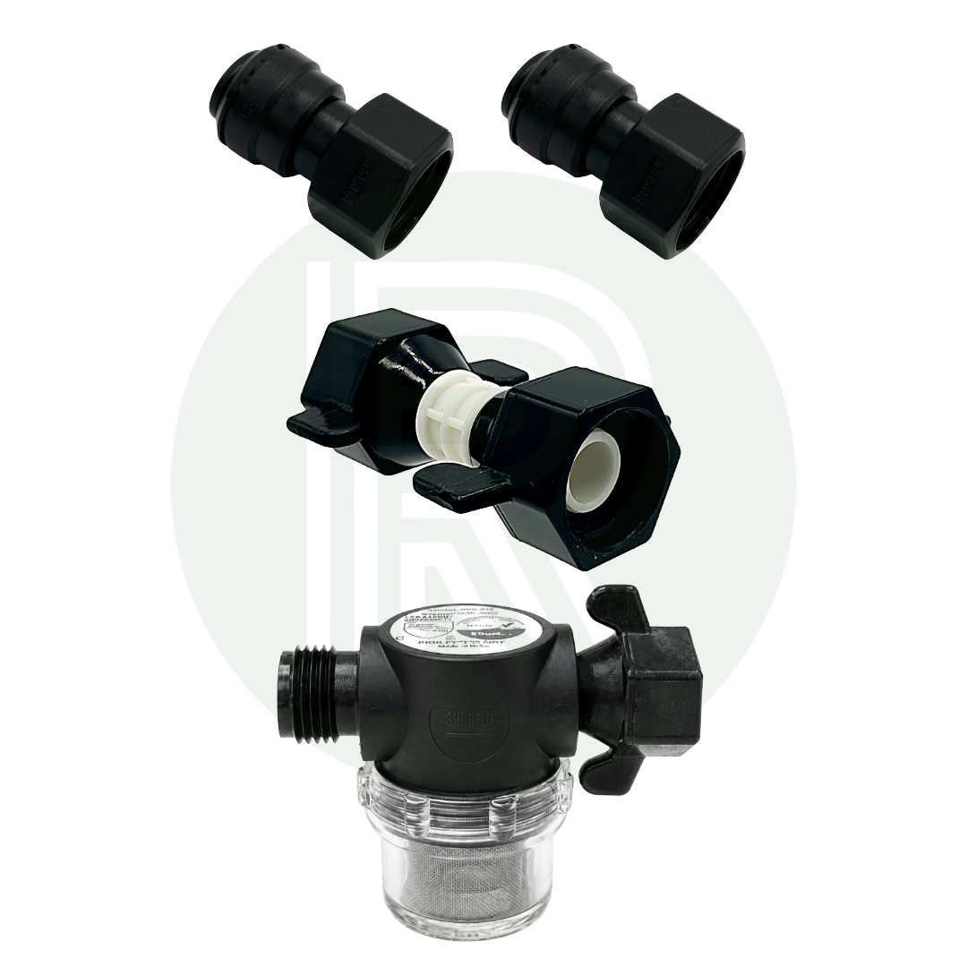 Shurflo Trail King inlet filter with 12mm push-fit adaptors for 30 PSI water pump kit
