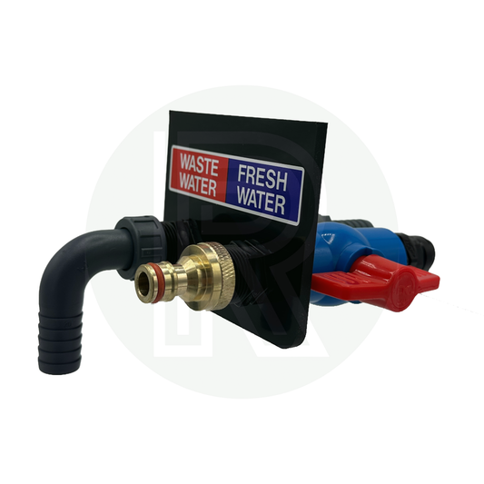 Sill mounted double fresh and waste water inlet outlet with 12mm pushfit connection for motorhomes