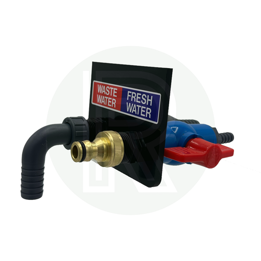 Sill mounted double fresh and waste water inlet outlet with barbed connections for motorhomes and campervans