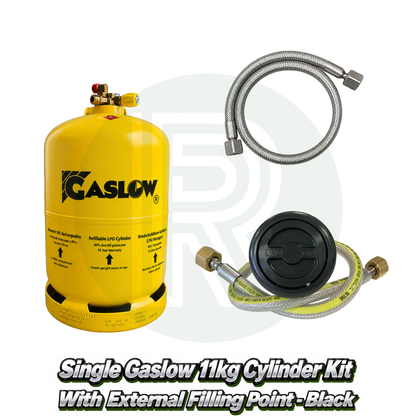 Single Gaslow 11kg refillable LPG cylinder kit with black external filling point, stainless steel fill hose and high-pressure regulator hose for caravans, motorhomes and campervans.