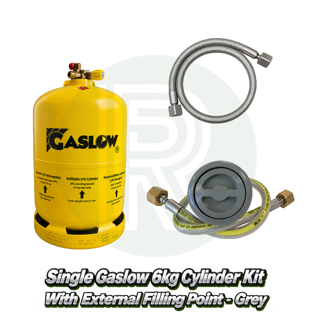 Single Gaslow 6kg refillable LPG cylinder kit with grey external filling point, stainless steel fill hose and high-pressure regulator hose for caravans, motorhomes and campervans.