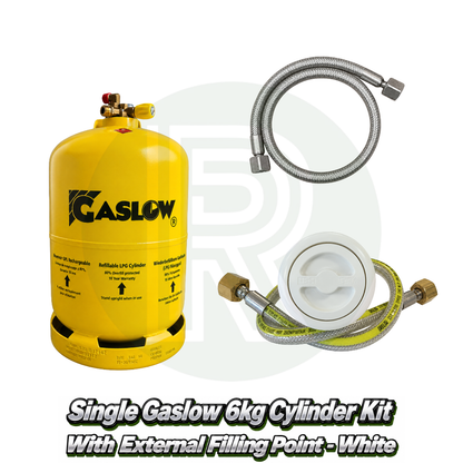 Single Gaslow 6kg refillable LPG cylinder kit with white external filling point, stainless steel fill hose and high-pressure regulator hose for caravans, motorhomes and campervans.