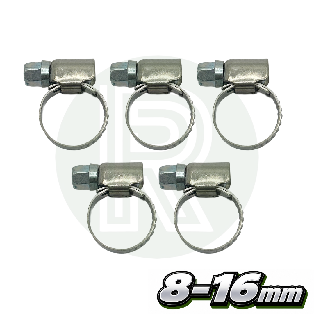 Pack of 5 stainless steel hose clips suitable for 8 to 16mm hose