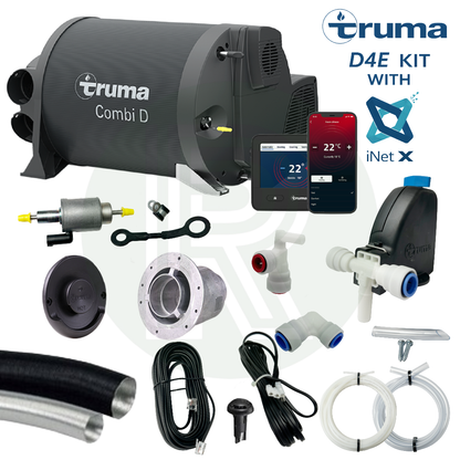 Truma Combi D4E kit with iNet X control panel fuel pump water fittings sensor cables and installation accessories for campervan heating.
