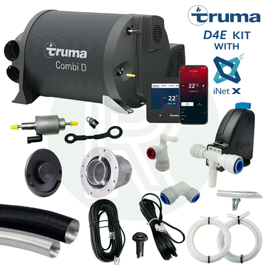Truma Combi D4E kit with iNet X control panel fuel pump water fittings sensor cables and installation accessories for campervan heating.