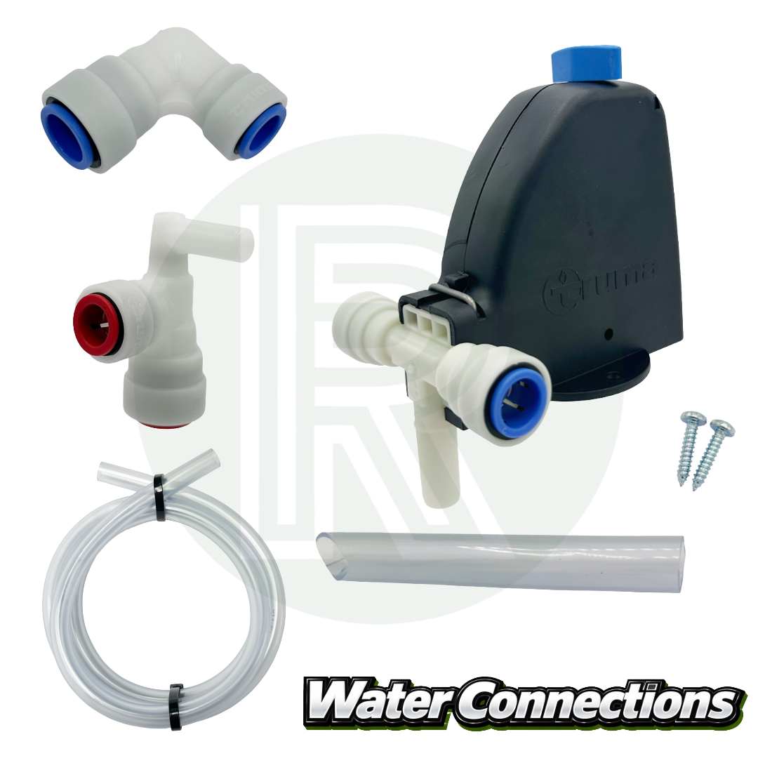 Truma Combi D4E water connection kit with inlet outlet fittings hoses and valve components for campervan diesel heater installation.