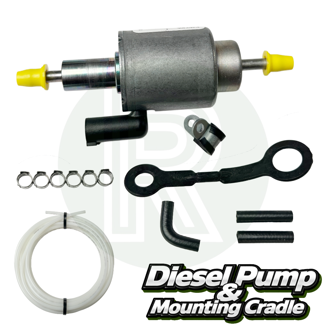 Truma diesel fuel pump with mounting cradle fuel line hose clips and fittings for Truma Combi D4E heater installation.