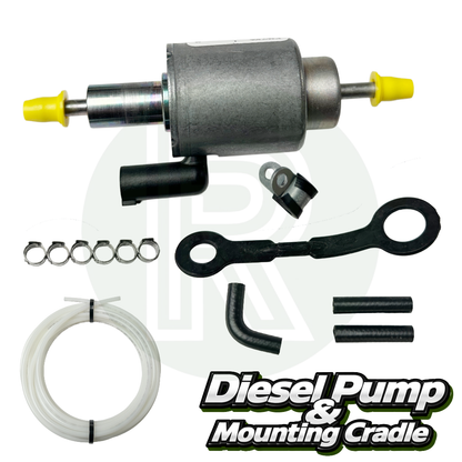 Truma diesel fuel pump with mounting cradle fuel line hose clips and fittings for Truma Combi D6E heater installation.