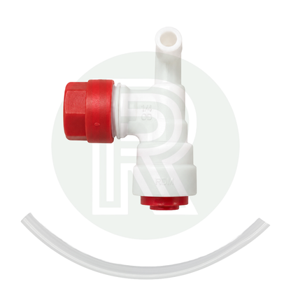 Rear angled view of Truma Outlet Connection Non Return Valve Threaded Red White for Truma and Alde caravan motorhome water heater