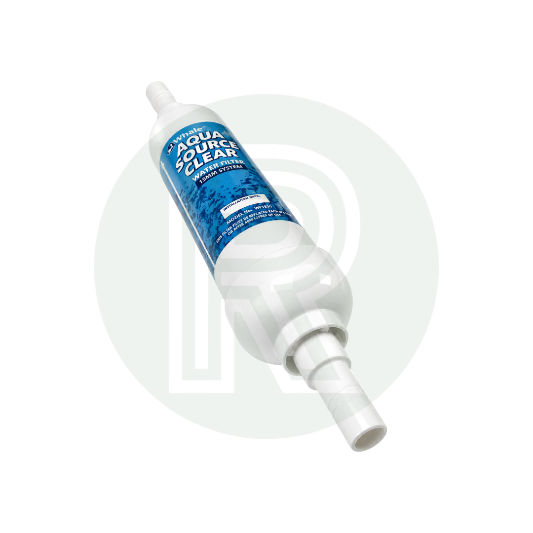 Angled view of the Whale Aquasource Clear 15mm push-fit inline water filter for caravans, motorhomes and campervans