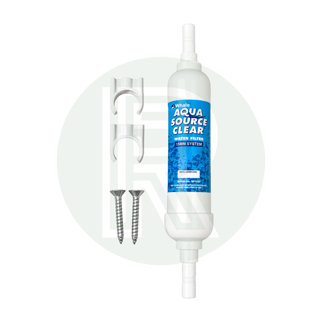 Whale Aquasource Clear water filter with 15mm push-fit connections supplied with mounting clips and fixing screws