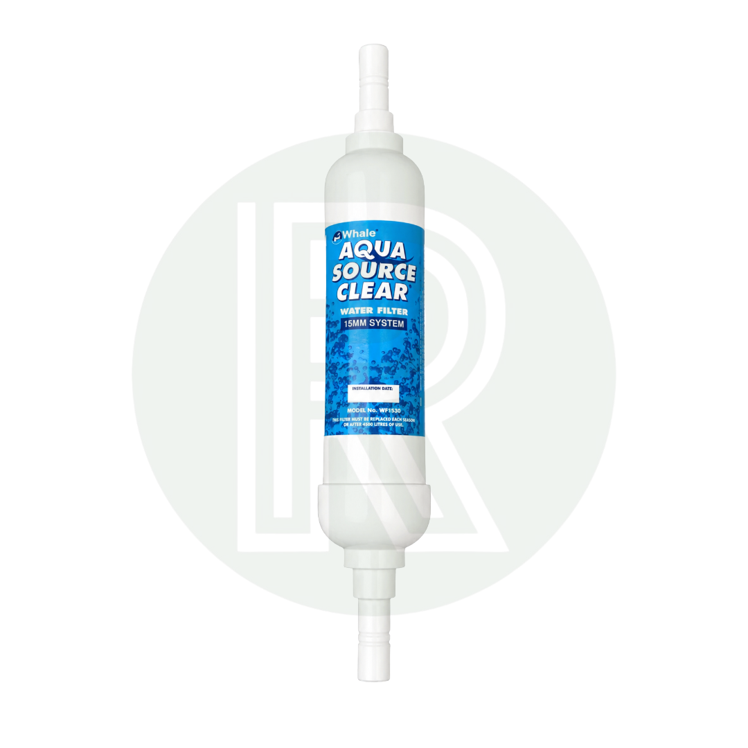 Front view of the Whale Aquasource Clear inline water filter with 15mm push-fit connections