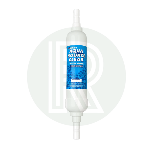 Front view of the Whale Aquasource Clear inline water filter with 15mm push-fit connections