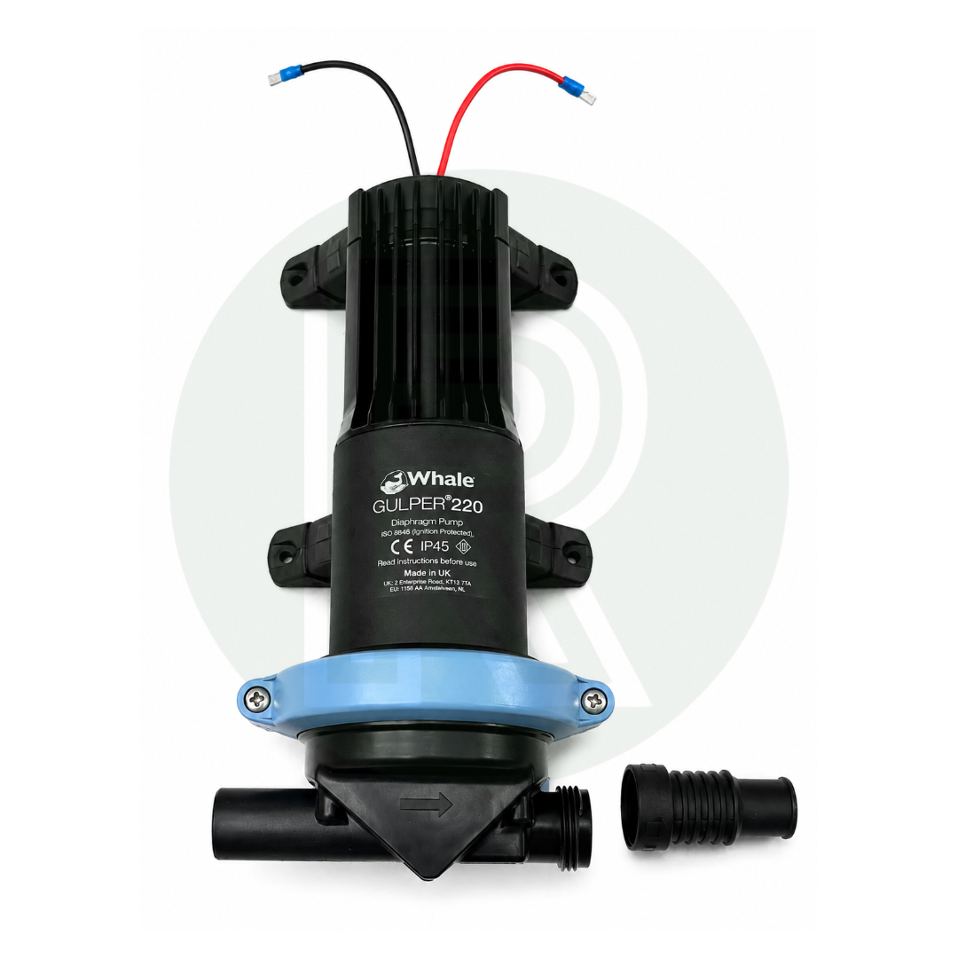 Whale Gulper 220 12V Waste Water Pump showing inlet and outlet connections