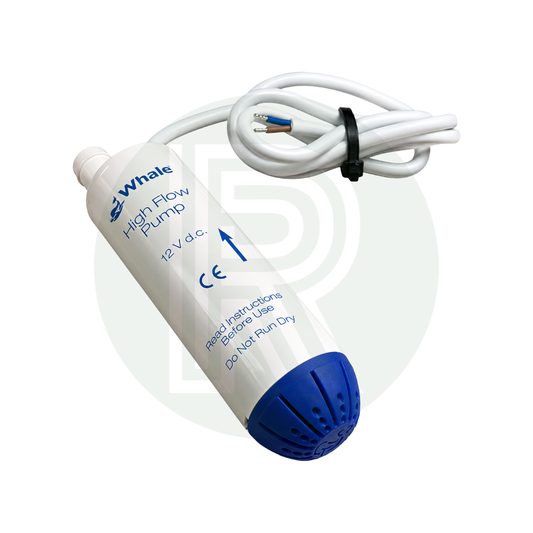 Angled view of Whale High Flow 16LPM 12V Submersible Water Pump with cable