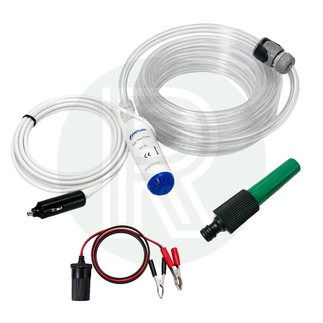 Whale 12V submersible water pump kit with delivery hose, hose connector, 12V cigarette lighter plug and battery crocodile clip adapter