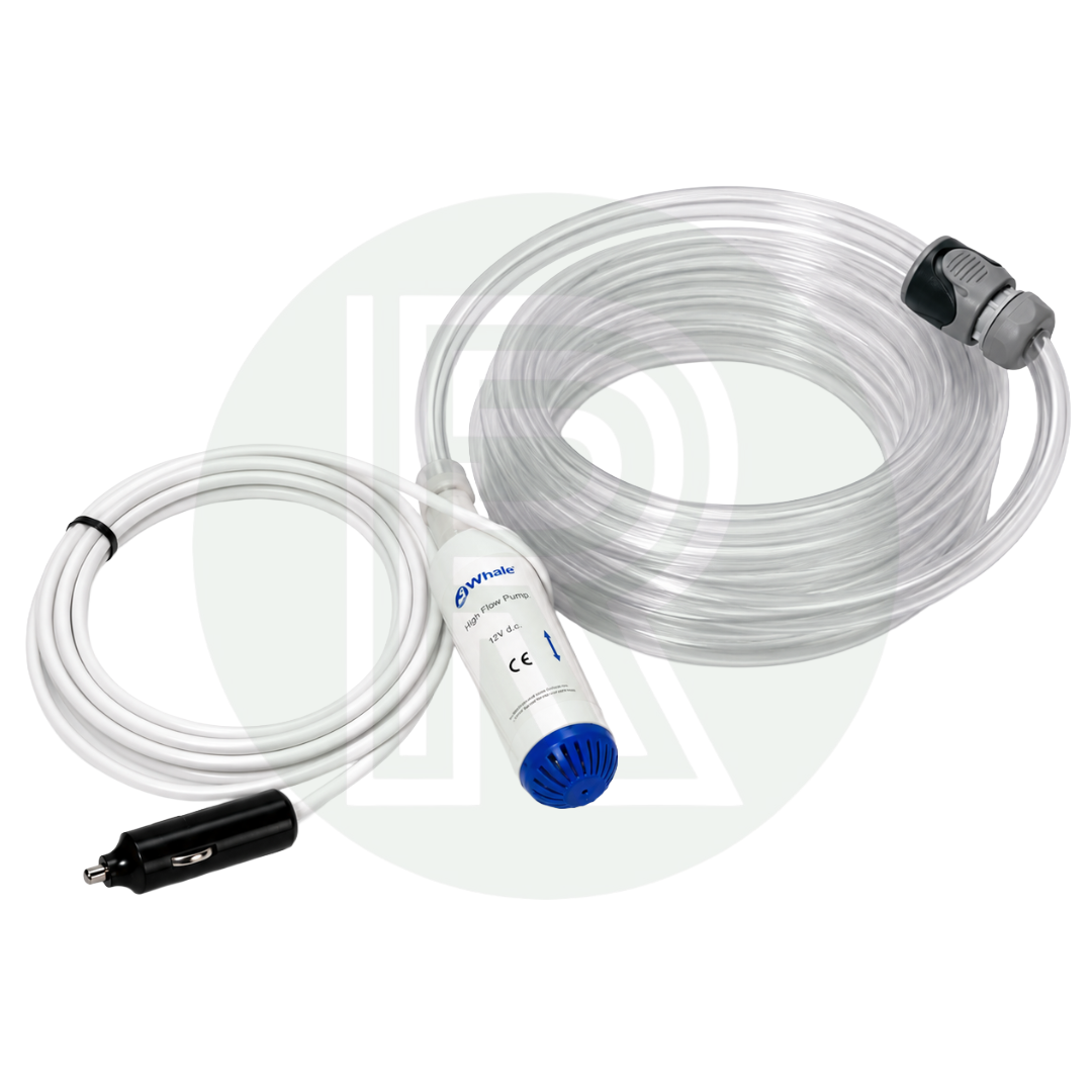 Whale 12V submersible water pump with coiled delivery hose and 12V cigarette lighter power lead