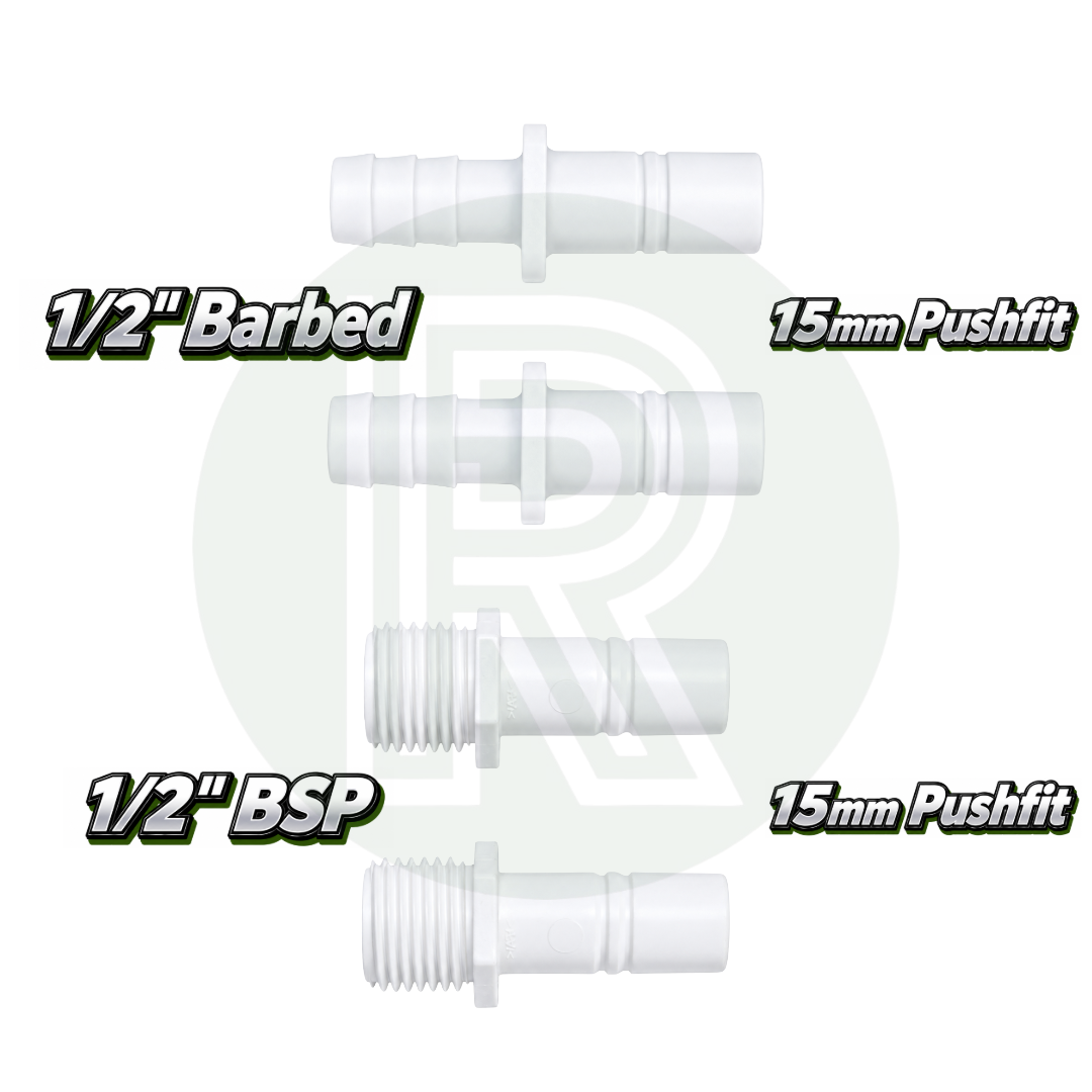 Whale Watermaster 15mm adaptors with 1/2 inch BSP threaded and 1/2 inch barbed fittings