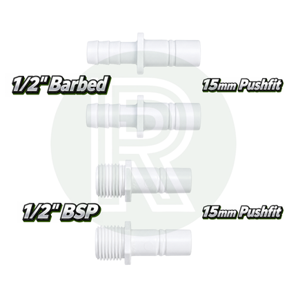 Whale Watermaster 15mm adaptors with 1/2 inch BSP threaded and 1/2 inch barbed fittings