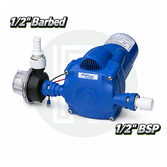 Whale Watermaster 12V water pump with filter and 1/2 inch BSP and barbed connection options