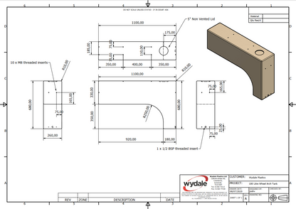 Wydale 100 litre wheel arch water tank technical drawing with dimensions and mounting points