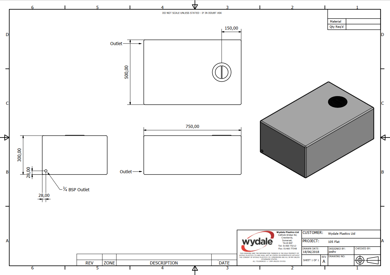 Wydale 105 litre opaque flat water tank technical drawing showing dimensions and connection positions