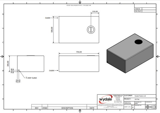 Wydale 105 litre opaque flat water tank technical drawing showing dimensions and connection positions