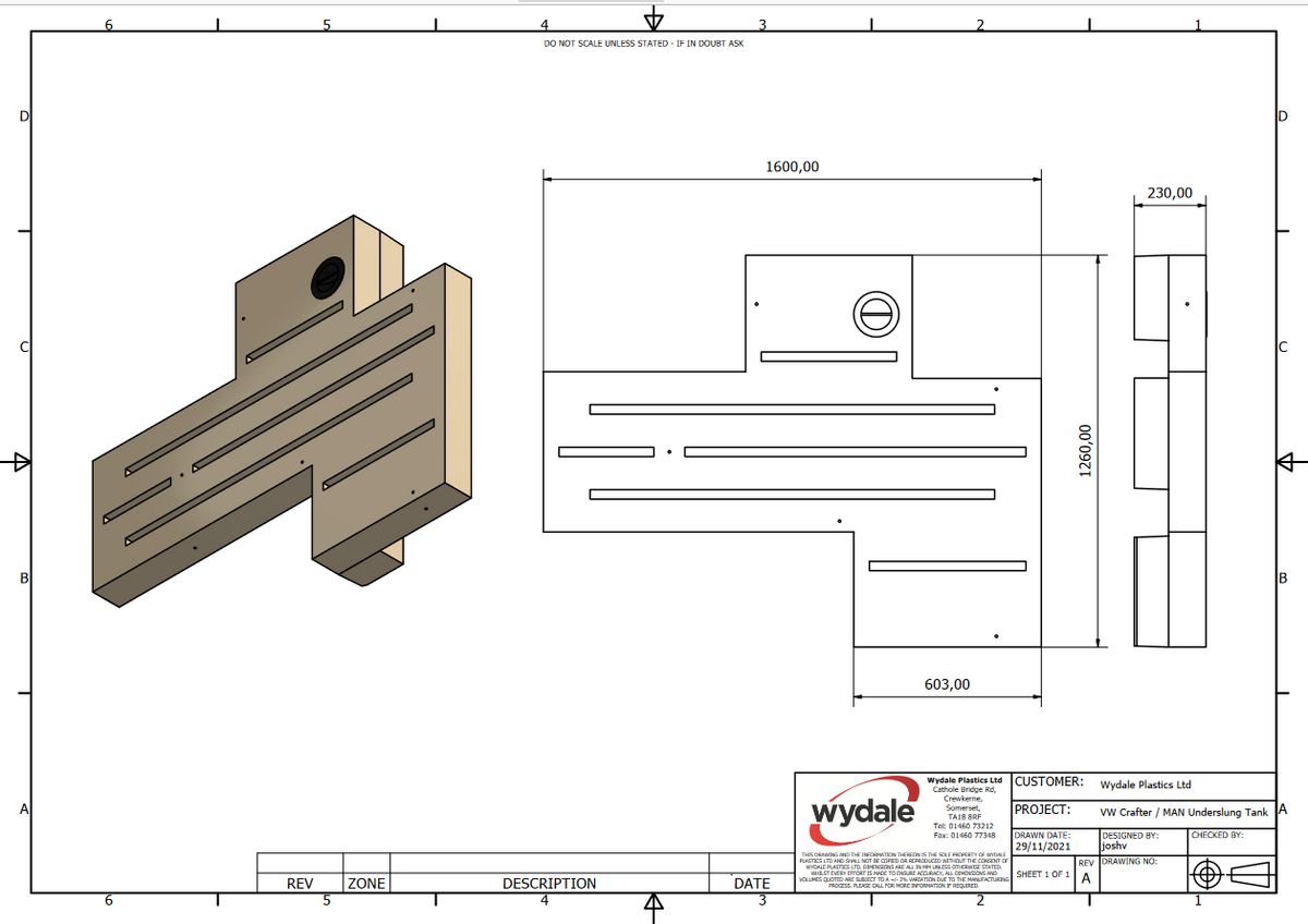 Wydale 180 litre VW Crafter MAN TGE FWD LWB XLWB underslung water tank technical drawing showing dimensions and mounting points