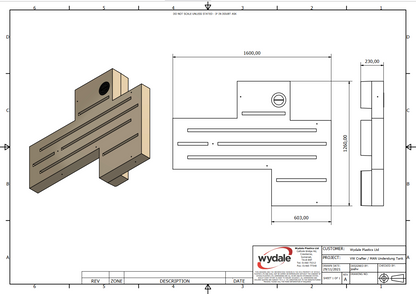 Wydale 180 litre VW Crafter MAN TGE FWD LWB XLWB underslung water tank technical drawing showing dimensions and mounting points