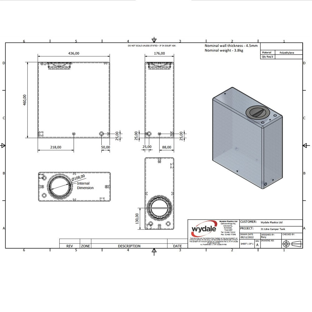 Wydale 31 litre upright water tank technical drawing showing dimensions, connections and mounting points