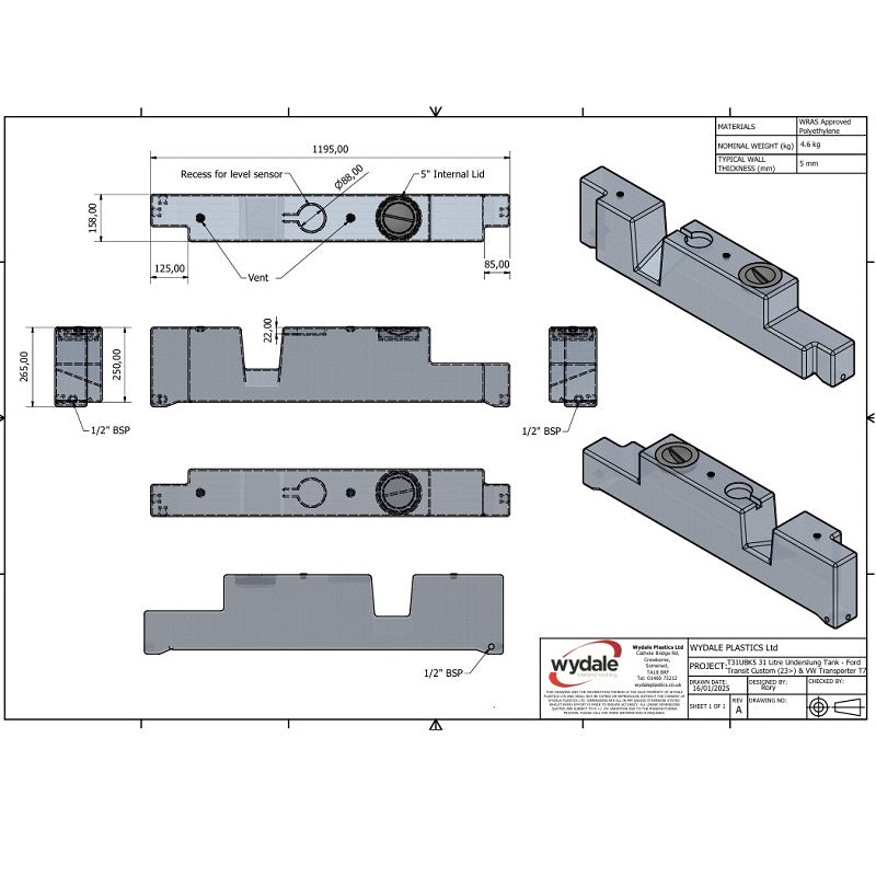 Wydale 31 litre VW T7 Transit Custom underslung water tank technical drawing showing dimensions and mounting points