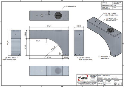 Wydale 37 litre wheel arch water tank technical drawing with dimensions for VW T7 and Ford Transit Custom