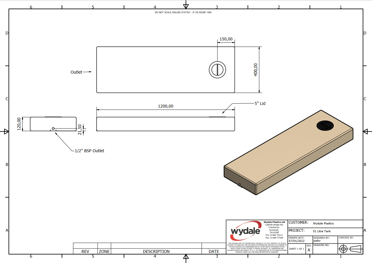 Wydale 51 litre black universal water tank technical drawing showing dimensions and connection positions